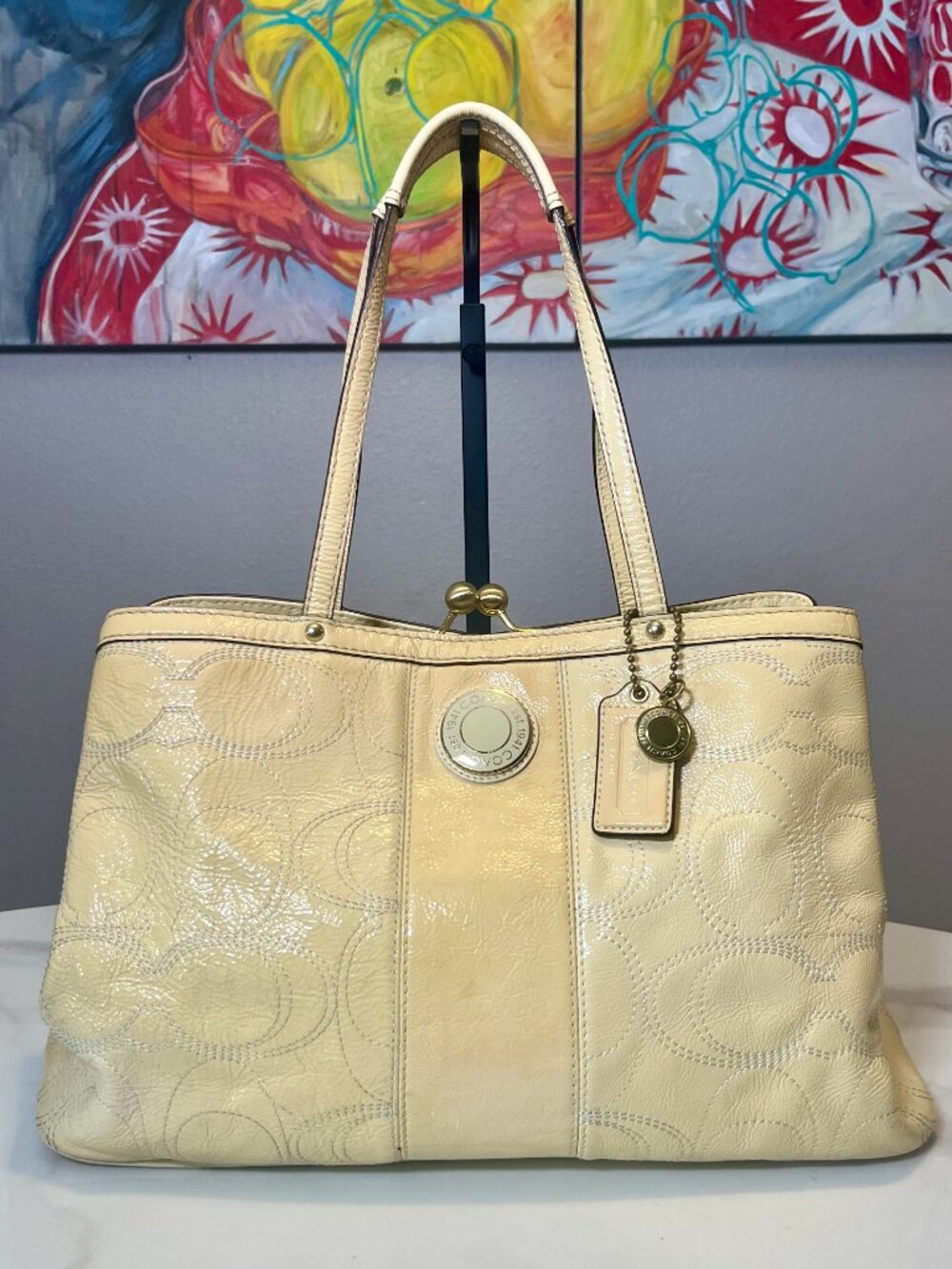 Coach Signature Stitched Patent Leather Framed Kisslock Carryall F19215